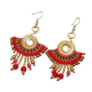 Handmade Spiral Fringe Earrings – Red & Gold Threaded Drop Design with Beads